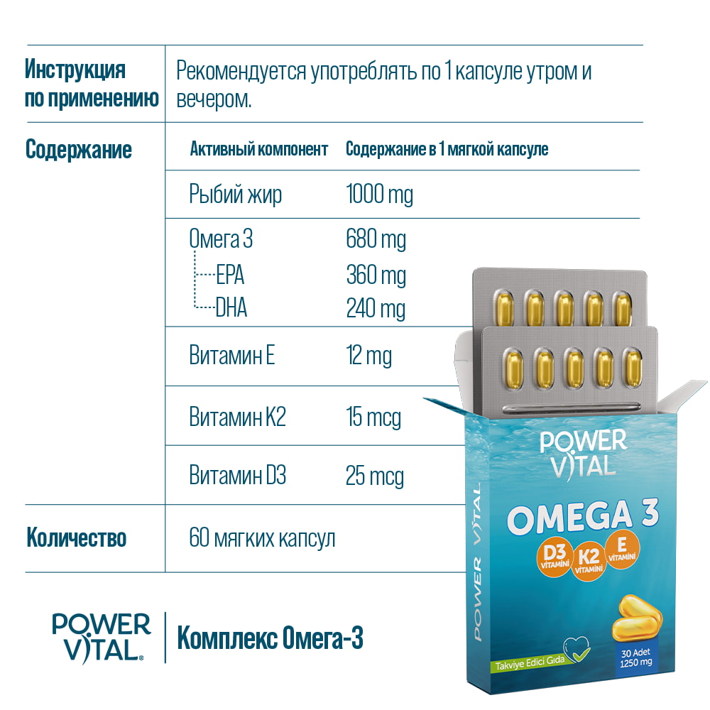Омега-3 капсулы (Омега-3, витамин D3, витамин K2 и витамин E) – 30 капсул